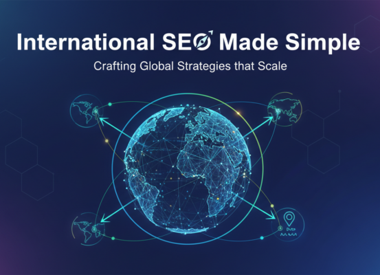 Banner with title 'International SEO Made Simple' on a world map background.