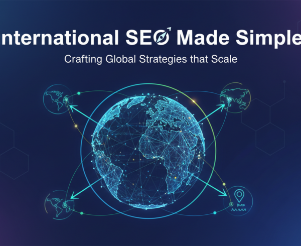 Banner with title 'International SEO Made Simple' on a world map background.