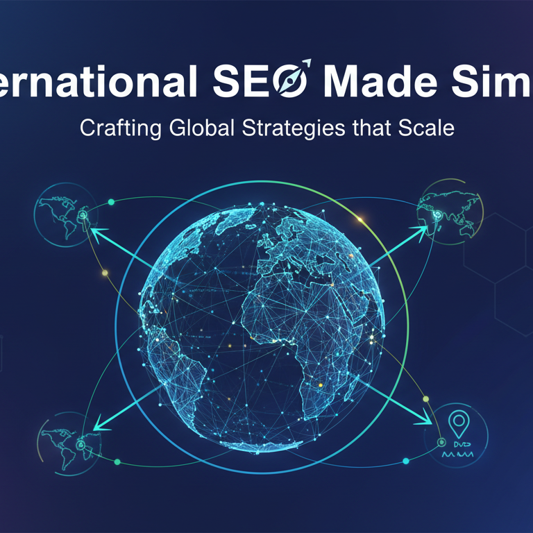 Banner with title 'International SEO Made Simple' on a world map background.