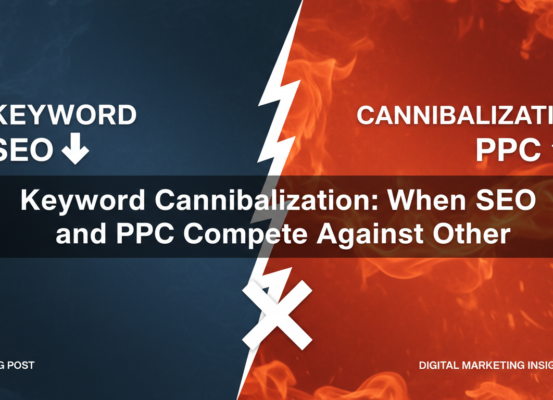 Banner with title 'Keyword Cannibalization: When SEO and PPC Compete Against Each Other', featuring a digital marketing theme.
