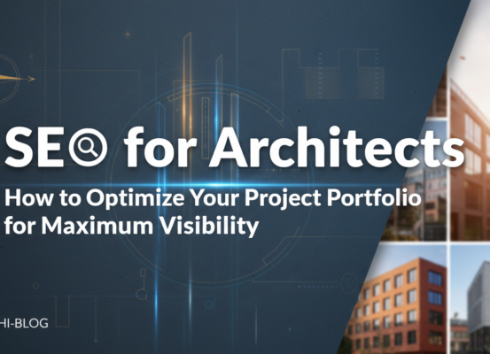 Banner with title 'SEO for Architects' and architectural blueprints background