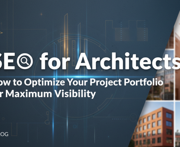 Banner with title 'SEO for Architects' and architectural blueprints background