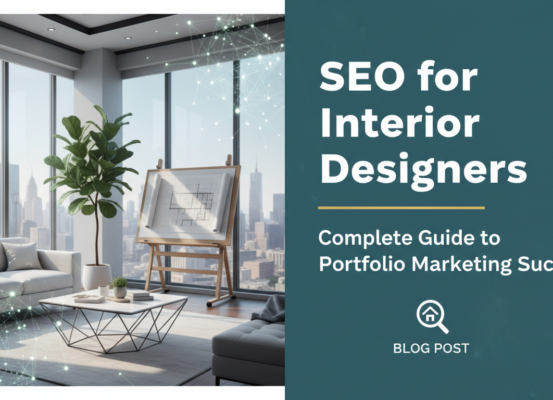 Banner with title 'SEO for Interior Designers: Complete Guide to Portfolio Marketing Success' against a stylish, modern interior design backdrop.