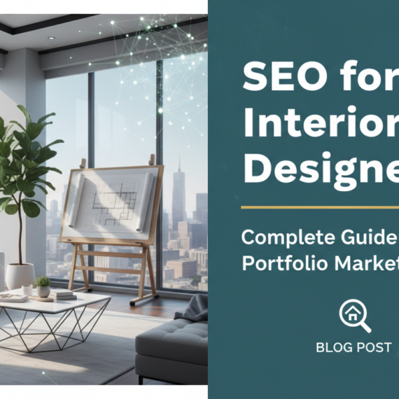 Banner with title 'SEO for Interior Designers: Complete Guide to Portfolio Marketing Success' against a stylish, modern interior design backdrop.