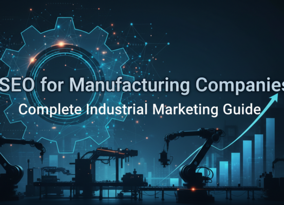 Banner with title 'SEO for Manufacturing Companies: Complete Industrial Marketing Guide' set against industrial background.