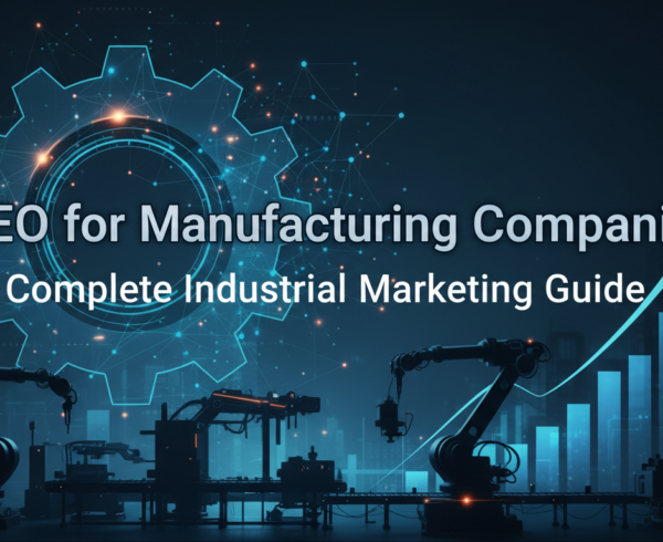 Banner with title 'SEO for Manufacturing Companies: Complete Industrial Marketing Guide' set against industrial background.