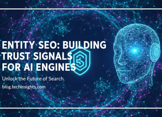 Blog banner with 'Entity SEO: Building Trust Signals for AI Engines' title on a digital-themed background