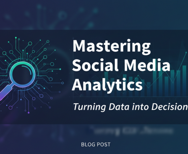 Blog banner with 'Mastering Social Media Analytics: Turning Data into Decisions' title, digital theme