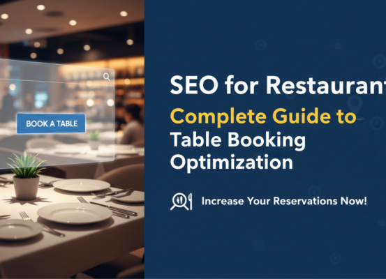 Blog banner with 'SEO for Restaurants: Complete Guide to Table Booking Optimization' title, featuring a stylized cutlery and digital icons theme.