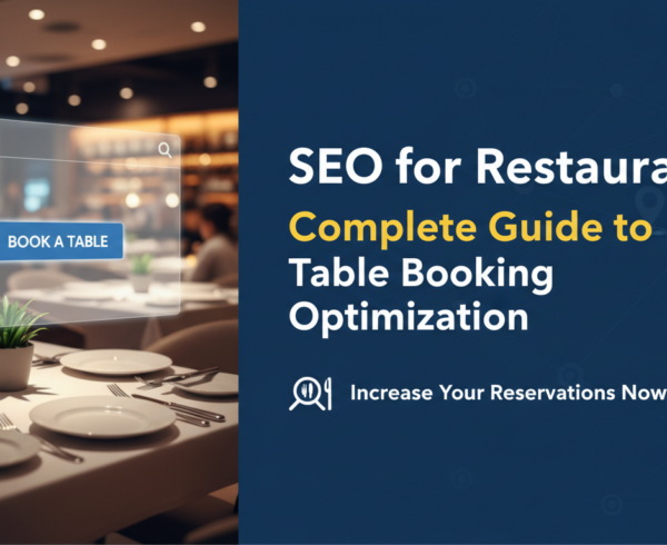 Blog banner with 'SEO for Restaurants: Complete Guide to Table Booking Optimization' title, featuring a stylized cutlery and digital icons theme.