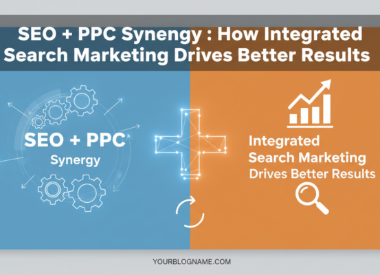 Blog banner with 'SEO + PPC Synergy' title, digital marketing theme
