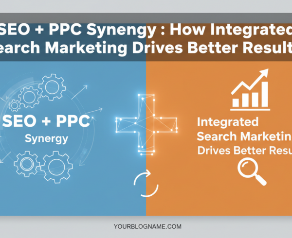 Blog banner with 'SEO + PPC Synergy' title, digital marketing theme