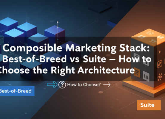 Blog banner with title 'Composable Marketing Stack' in bold text over abstract tech background.