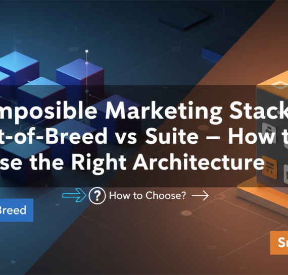 Blog banner with title 'Composable Marketing Stack' in bold text over abstract tech background.