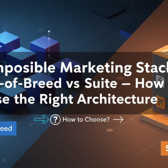 Blog banner with title 'Composable Marketing Stack' in bold text over abstract tech background.