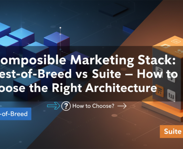 Blog banner with title 'Composable Marketing Stack' in bold text over abstract tech background.