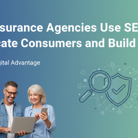 Blog banner with title 'How Insurance Agencies Use SEO to Educate Consumers and Build Trust' in bold font.