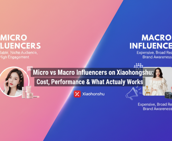 Blog banner with title 'Micro vs Macro Influencers on Xiaohongshu' in bold text, vibrant background