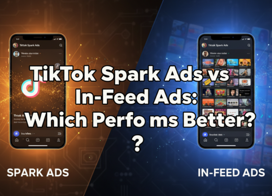 Blog banner with title 'TikTok Spark Ads vs In-Feed Ads: Which Performs Better?' on a colorful digital background.