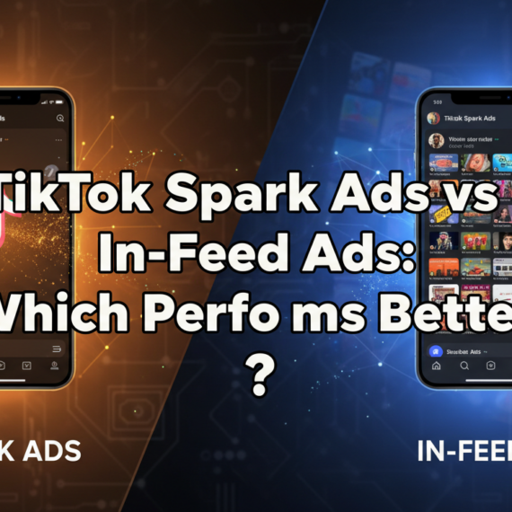 Blog banner with title 'TikTok Spark Ads vs In-Feed Ads: Which Performs Better?' on a colorful digital background.