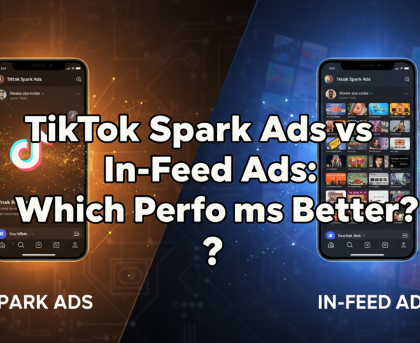 Blog banner with title 'TikTok Spark Ads vs In-Feed Ads: Which Performs Better?' on a colorful digital background.