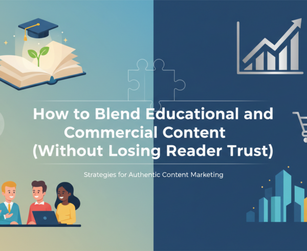 Banner titled 'How to Blend Educational and Commercial Content' with a professional design.