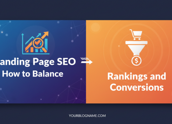 Banner titled 'Landing Page SEO: How to Balance Rankings and Conversions' with a digital marketing theme.
