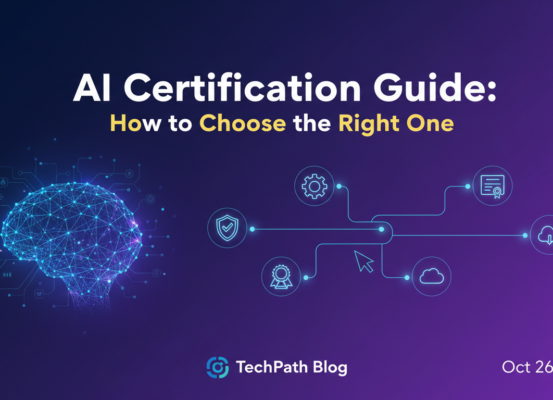 Banner with 'AI Certification Guide: How to Choose the Right One' in bold text on a tech-themed background.