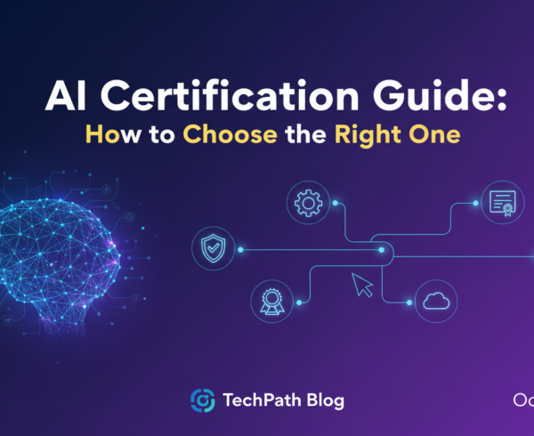 Banner with 'AI Certification Guide: How to Choose the Right One' in bold text on a tech-themed background.