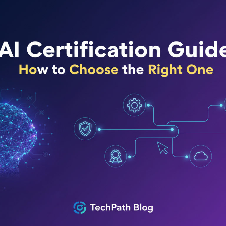 Banner with 'AI Certification Guide: How to Choose the Right One' in bold text on a tech-themed background.