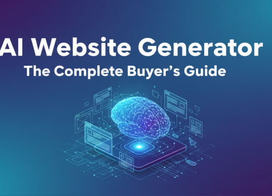 Banner with 'AI Website Generator: The Complete Buyer's Guide' title, tech-themed background