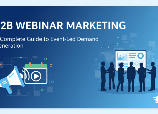 Banner with 'B2B Webinar Marketing' guide title, featuring professional, modern design