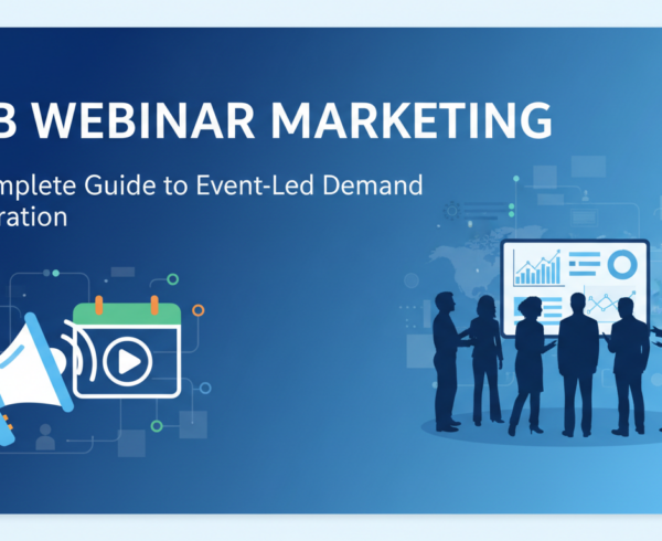 Banner with 'B2B Webinar Marketing' guide title, featuring professional, modern design