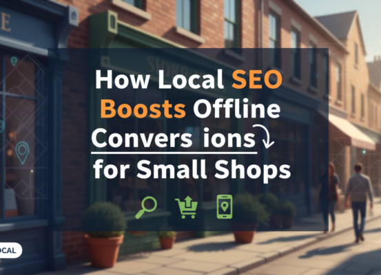 Banner with 'How Local SEO Boosts Offline Conversions for Small Shops' in bold text over a cityscape background.