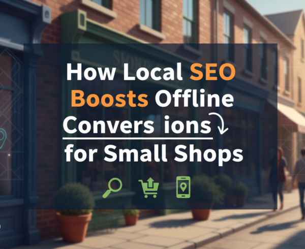 Banner with 'How Local SEO Boosts Offline Conversions for Small Shops' in bold text over a cityscape background.