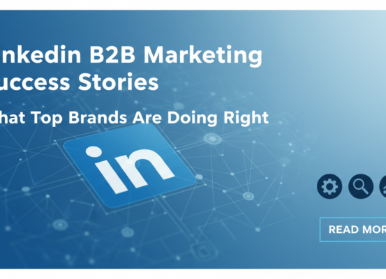 Banner with 'LinkedIn B2B Marketing Success Stories' title, featuring professional design elements.