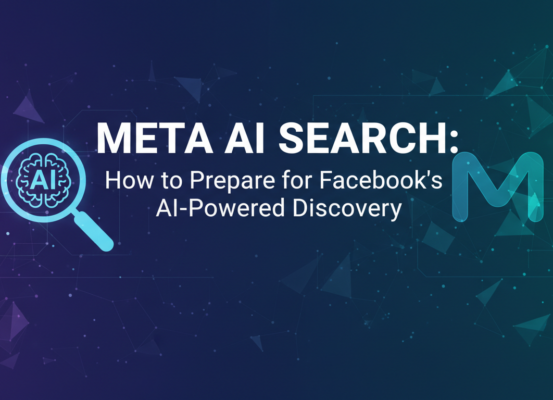 Banner with 'Meta AI Search: How to Prepare for Facebook's AI-Powered Discovery' title, futuristic design