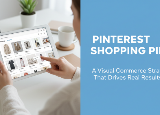 Banner with 'Pinterest Shopping Pins' title, vibrant design, visual commerce theme
