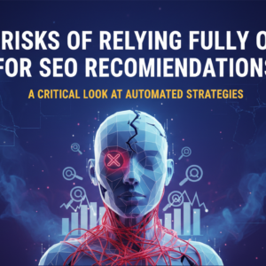 Banner with 'The Risks of Relying Fully on AI for SEO Recommendations' in bold text.