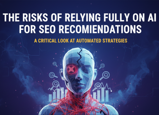 Banner with 'The Risks of Relying Fully on AI for SEO Recommendations' in bold text.