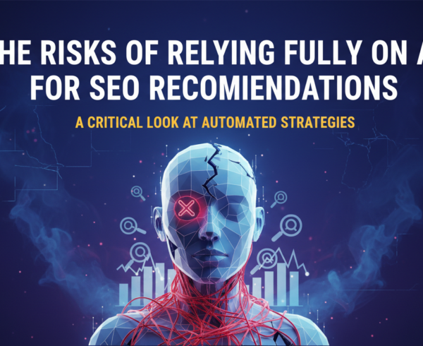 Banner with 'The Risks of Relying Fully on AI for SEO Recommendations' in bold text.