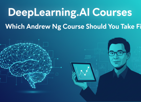 Banner with title 'DeepLearning.AI Courses: Which Andrew Ng Course Should You Take First?' on a tech-themed background.