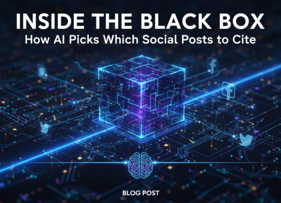 Banner with title 'Inside the Black Box: How AI Picks Which Social Posts to Cite' overlaid on a digital network background.