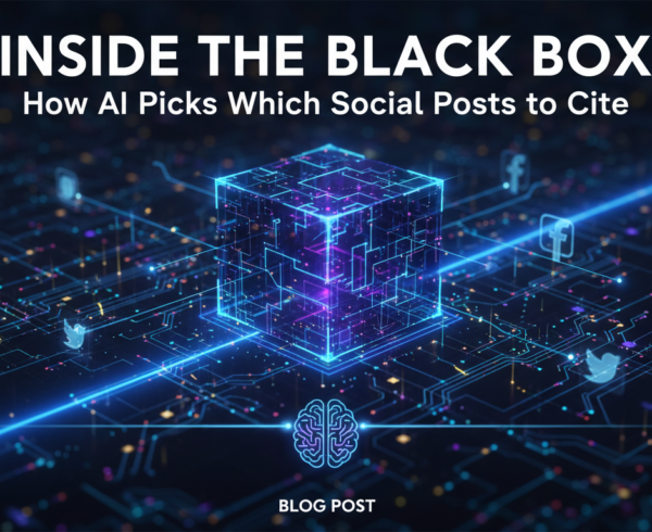 Banner with title 'Inside the Black Box: How AI Picks Which Social Posts to Cite' overlaid on a digital network background.