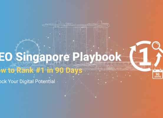 Banner with title 'SEO Singapore Playbook: How to Rank #1 in 90 Days' over a cityscape background.