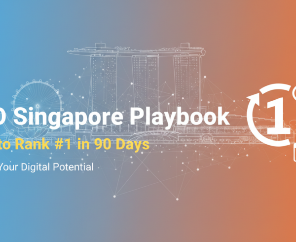 Banner with title 'SEO Singapore Playbook: How to Rank #1 in 90 Days' over a cityscape background.