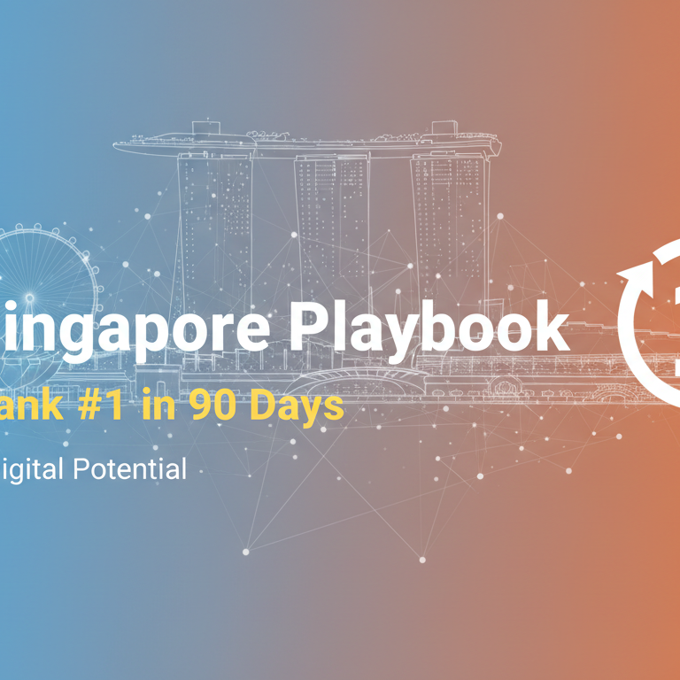 Banner with title 'SEO Singapore Playbook: How to Rank #1 in 90 Days' over a cityscape background.