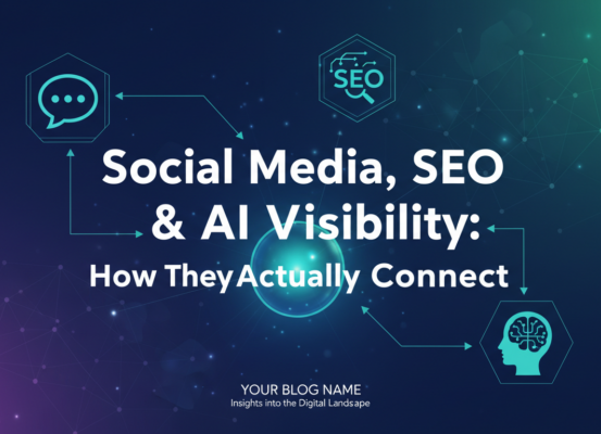 Banner with title 'Social Media, SEO & AI Visibility: How They Connect' in bold, modern typography.