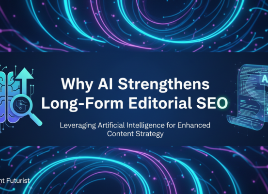 Banner with 'Why AI Strengthens Long-Form Editorial SEO' in bold, modern font.