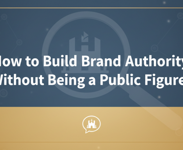 Blog banner: 'How to Build Brand Authority Without Being a Public Figure' in bold font.